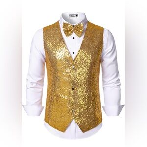 Coofandy Men's Sequin Vest Slim Fit Shiny Waistcoat Bowtie Set Disco PartyTuxedo